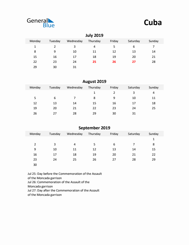 Printable Quarterly Calendar with Notes and Cuba Holidays- Q3 of 2019