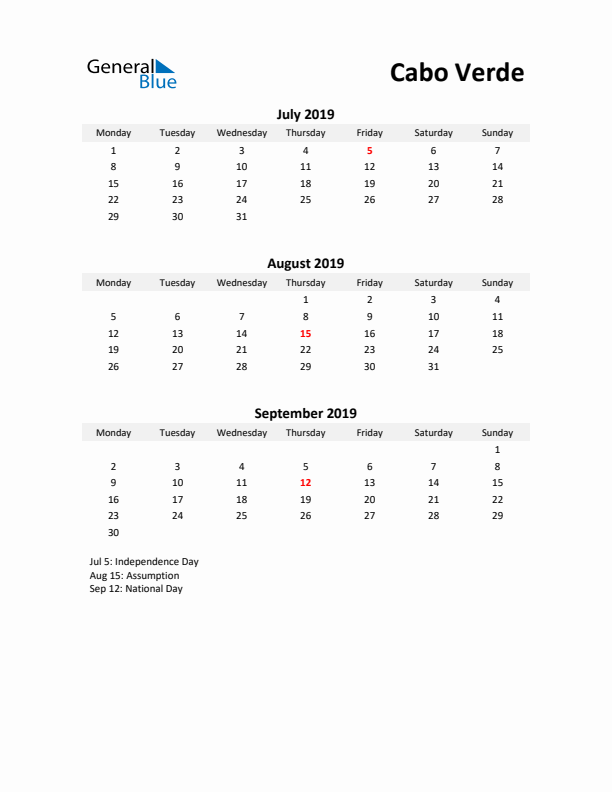 Printable Quarterly Calendar with Notes and Cabo Verde Holidays- Q3 of 2019