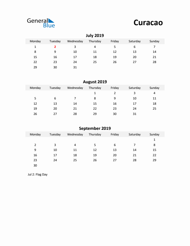 Printable Quarterly Calendar with Notes and Curacao Holidays- Q3 of 2019