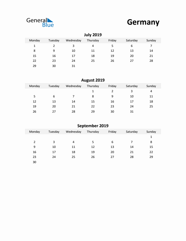 Printable Quarterly Calendar with Notes and Germany Holidays- Q3 of 2019