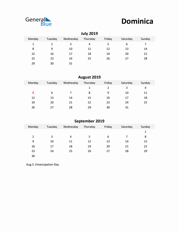 Printable Quarterly Calendar with Notes and Dominica Holidays- Q3 of 2019