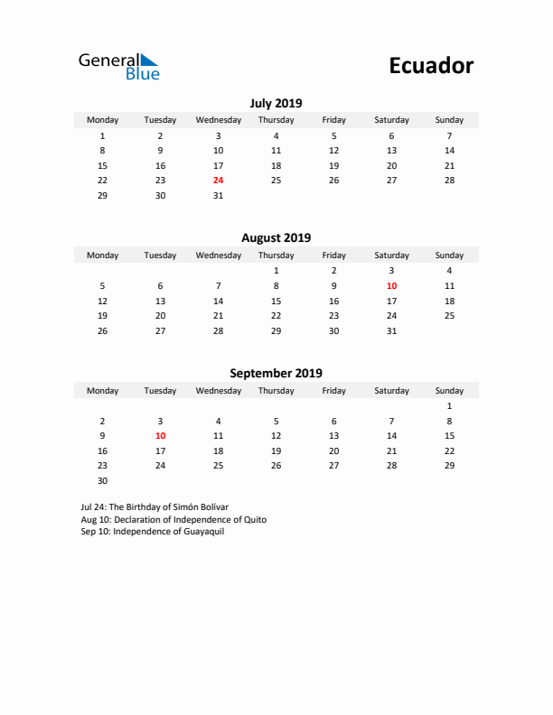 Printable Quarterly Calendar with Notes and Ecuador Holidays- Q3 of 2019