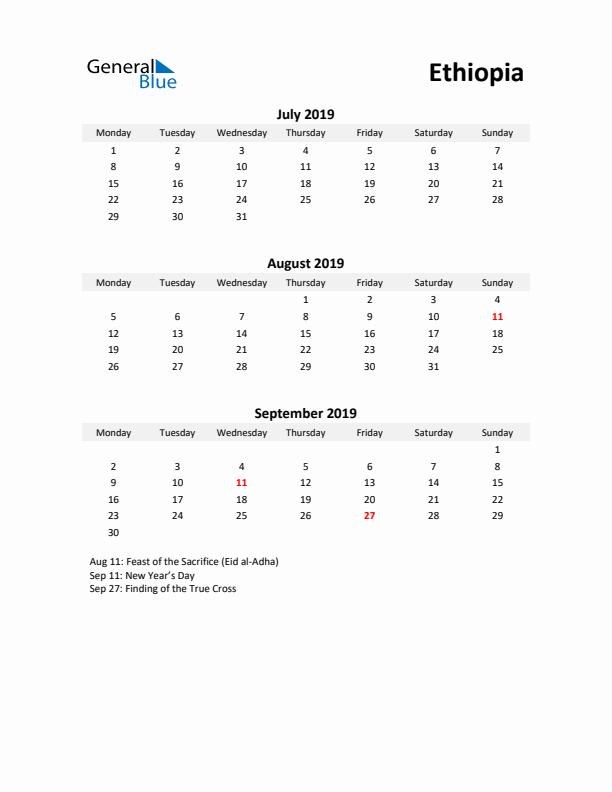 Printable Quarterly Calendar with Notes and Ethiopia Holidays- Q3 of 2019