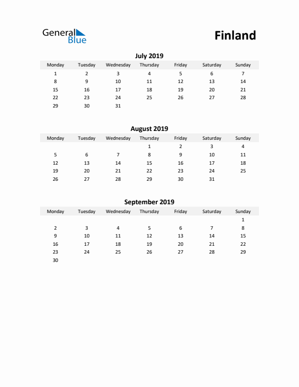 Printable Quarterly Calendar with Notes and Finland Holidays- Q3 of 2019