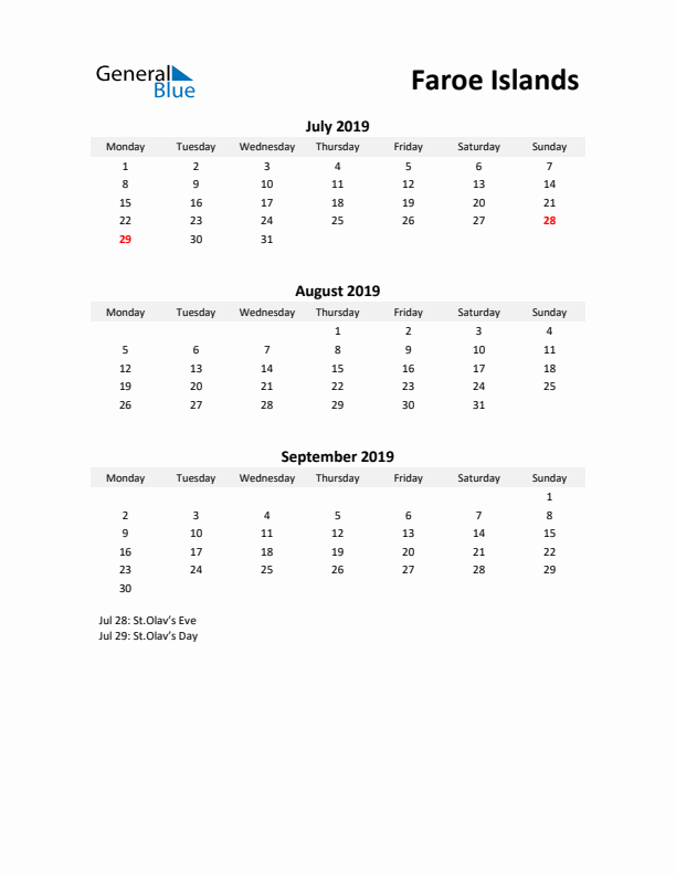 Printable Quarterly Calendar with Notes and Faroe Islands Holidays- Q3 of 2019