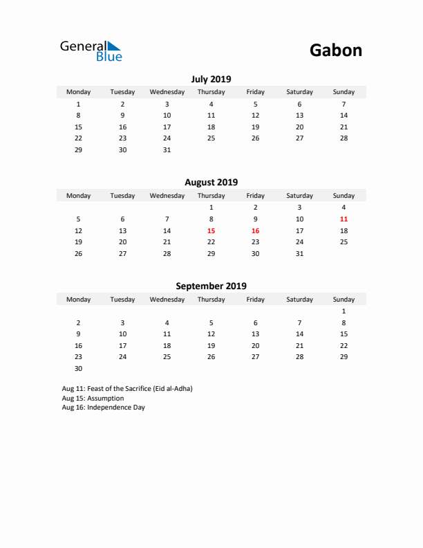 Printable Quarterly Calendar with Notes and Gabon Holidays- Q3 of 2019