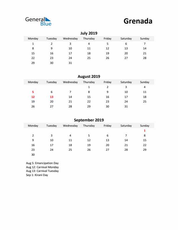 Printable Quarterly Calendar with Notes and Grenada Holidays- Q3 of 2019