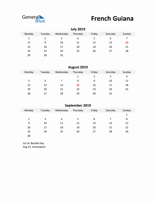 Printable Quarterly Calendar with Notes and French Guiana Holidays- Q3 of 2019