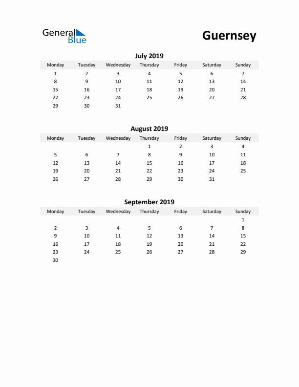 Printable Quarterly Calendar with Notes and Guernsey Holidays- Q3 of 2019