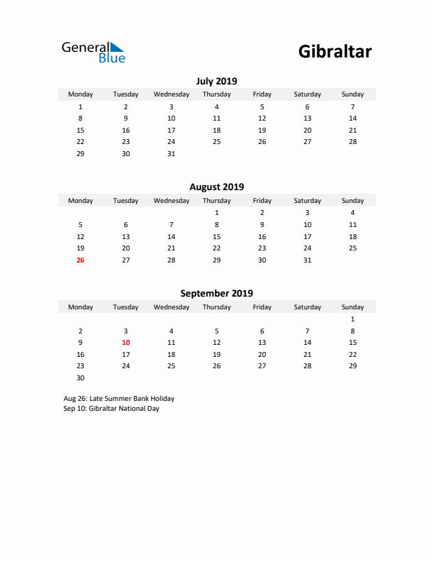 Printable Quarterly Calendar with Notes and Gibraltar Holidays- Q3 of 2019