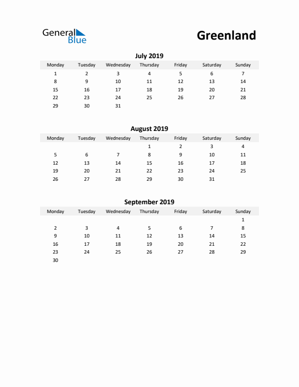 Printable Quarterly Calendar with Notes and Greenland Holidays- Q3 of 2019