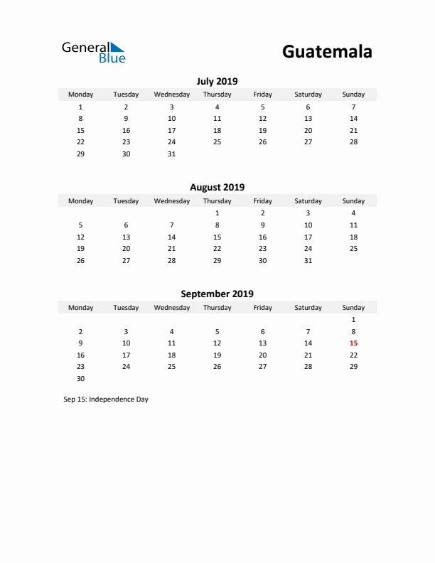 Printable Quarterly Calendar with Notes and Guatemala Holidays- Q3 of 2019