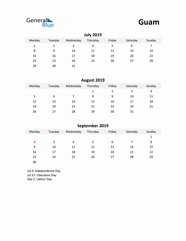 Printable Quarterly Calendar with Notes and Guam Holidays- Q3 of 2019