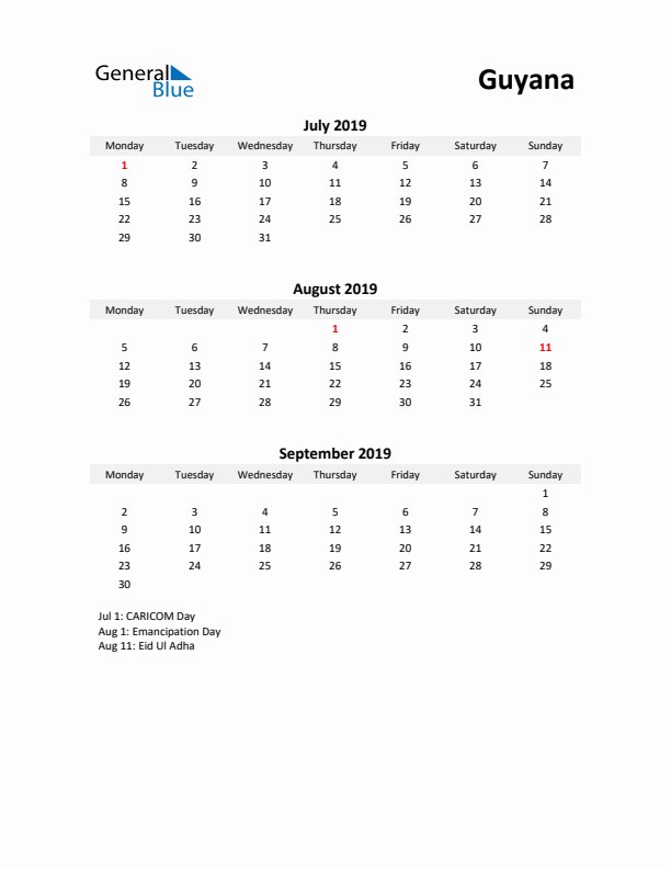 Printable Quarterly Calendar with Notes and Guyana Holidays- Q3 of 2019