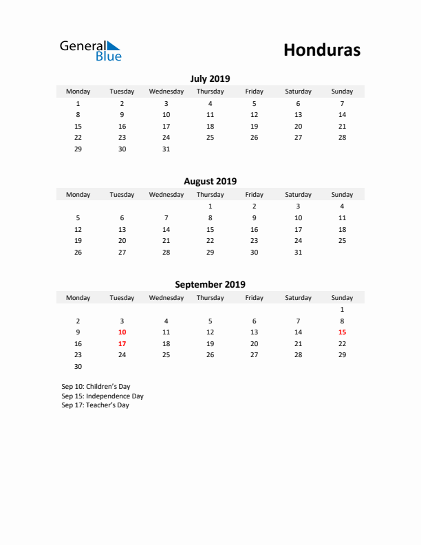 Printable Quarterly Calendar with Notes and Honduras Holidays- Q3 of 2019