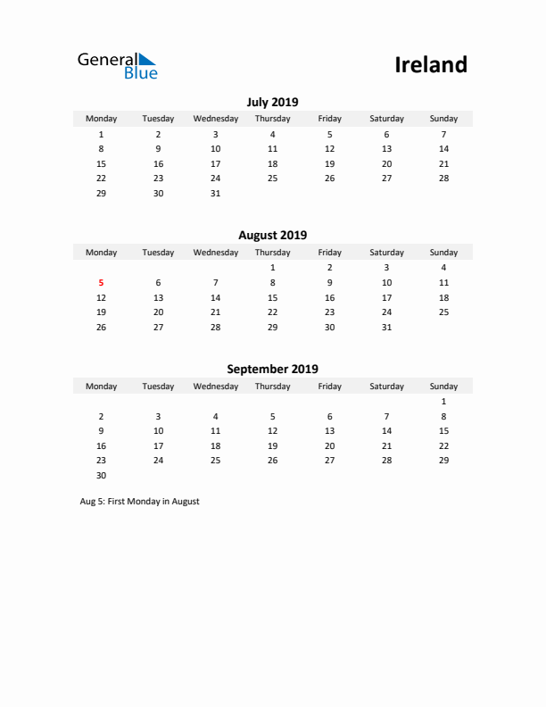 Printable Quarterly Calendar with Notes and Ireland Holidays- Q3 of 2019