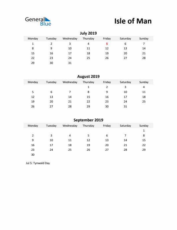 Printable Quarterly Calendar with Notes and Isle of Man Holidays- Q3 of 2019