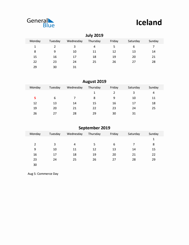 Printable Quarterly Calendar with Notes and Iceland Holidays- Q3 of 2019