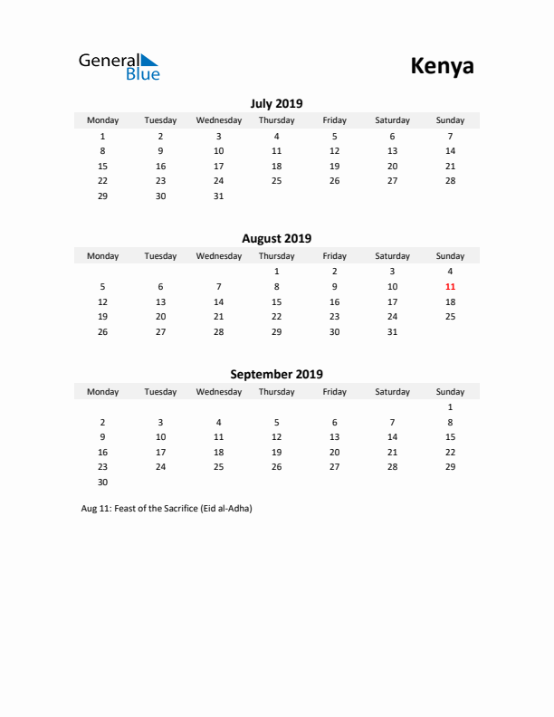 Printable Quarterly Calendar with Notes and Kenya Holidays- Q3 of 2019