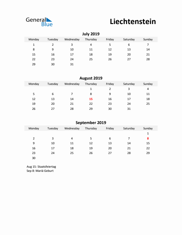 Printable Quarterly Calendar with Notes and Liechtenstein Holidays- Q3 of 2019