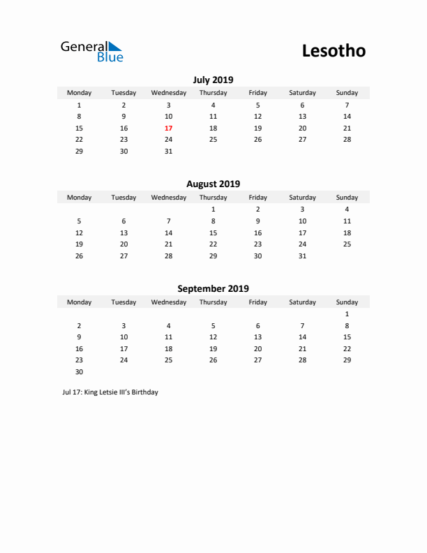 Printable Quarterly Calendar with Notes and Lesotho Holidays- Q3 of 2019