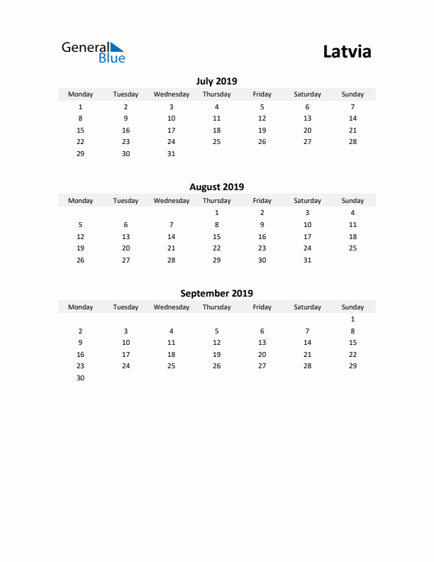 Printable Quarterly Calendar with Notes and Latvia Holidays- Q3 of 2019