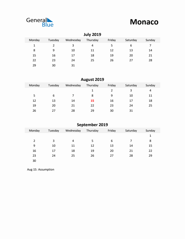 Printable Quarterly Calendar with Notes and Monaco Holidays- Q3 of 2019