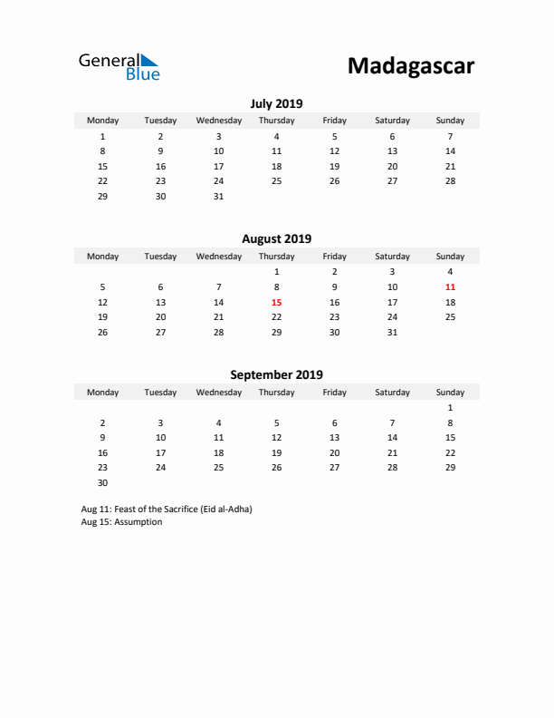 Printable Quarterly Calendar with Notes and Madagascar Holidays- Q3 of 2019