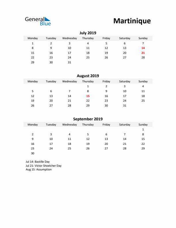 Printable Quarterly Calendar with Notes and Martinique Holidays- Q3 of 2019