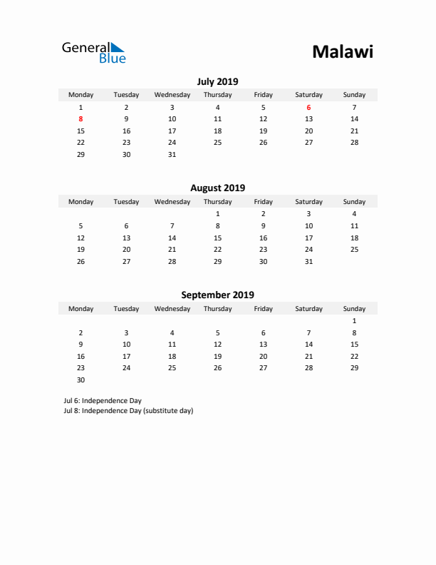 Printable Quarterly Calendar with Notes and Malawi Holidays- Q3 of 2019