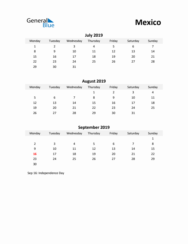 Printable Quarterly Calendar with Notes and Mexico Holidays- Q3 of 2019