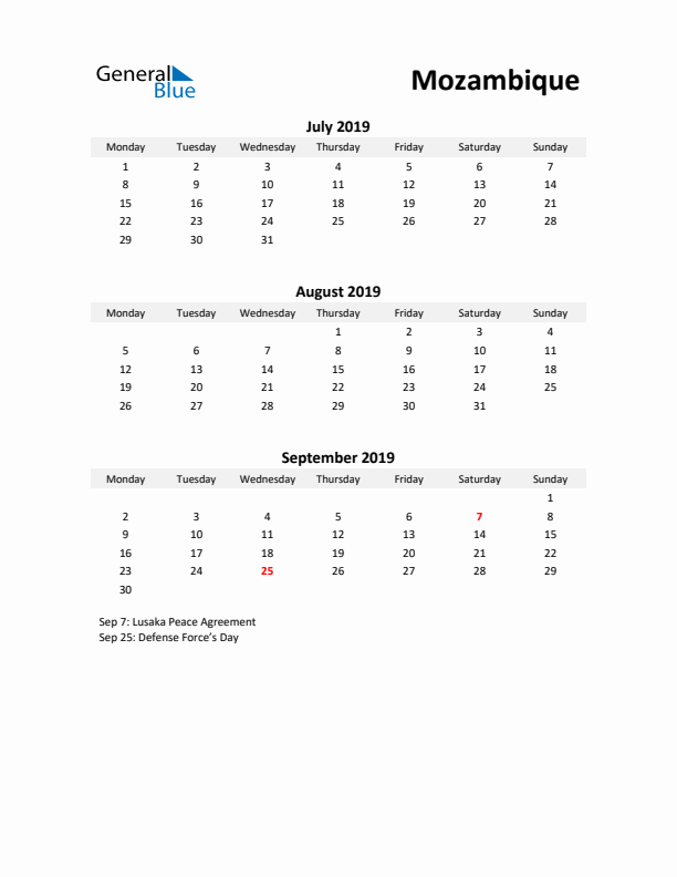 Printable Quarterly Calendar with Notes and Mozambique Holidays- Q3 of 2019