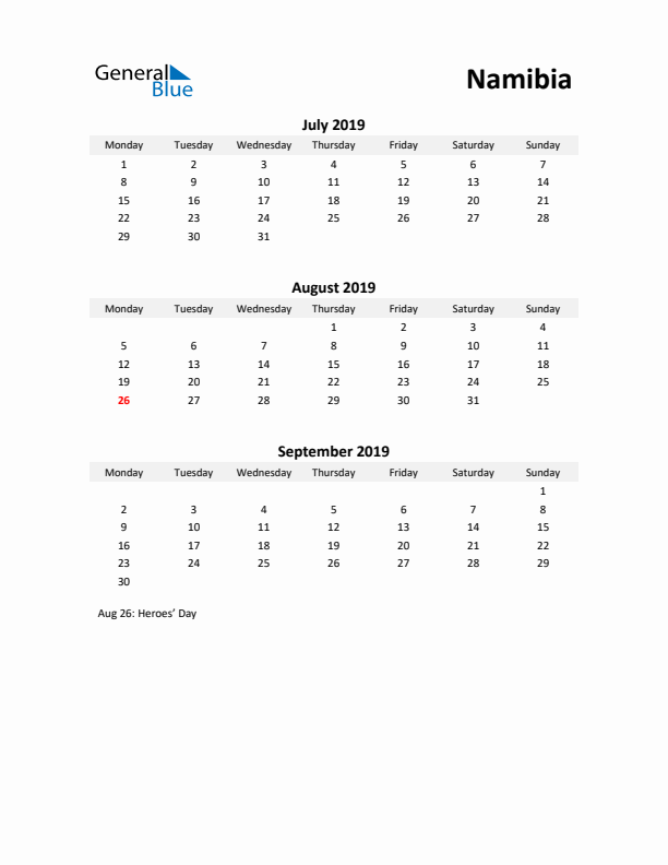 Printable Quarterly Calendar with Notes and Namibia Holidays- Q3 of 2019