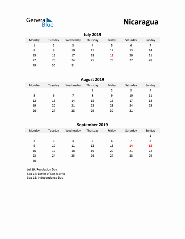 Printable Quarterly Calendar with Notes and Nicaragua Holidays- Q3 of 2019