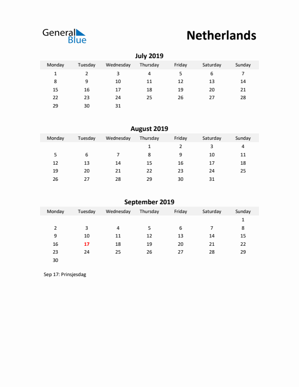 Printable Quarterly Calendar with Notes and The Netherlands Holidays- Q3 of 2019