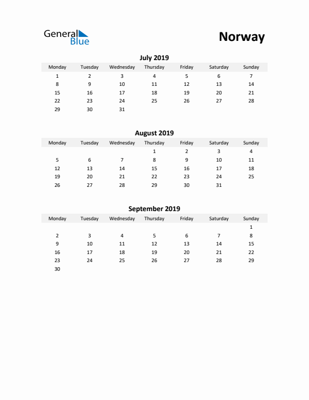 Printable Quarterly Calendar with Notes and Norway Holidays- Q3 of 2019