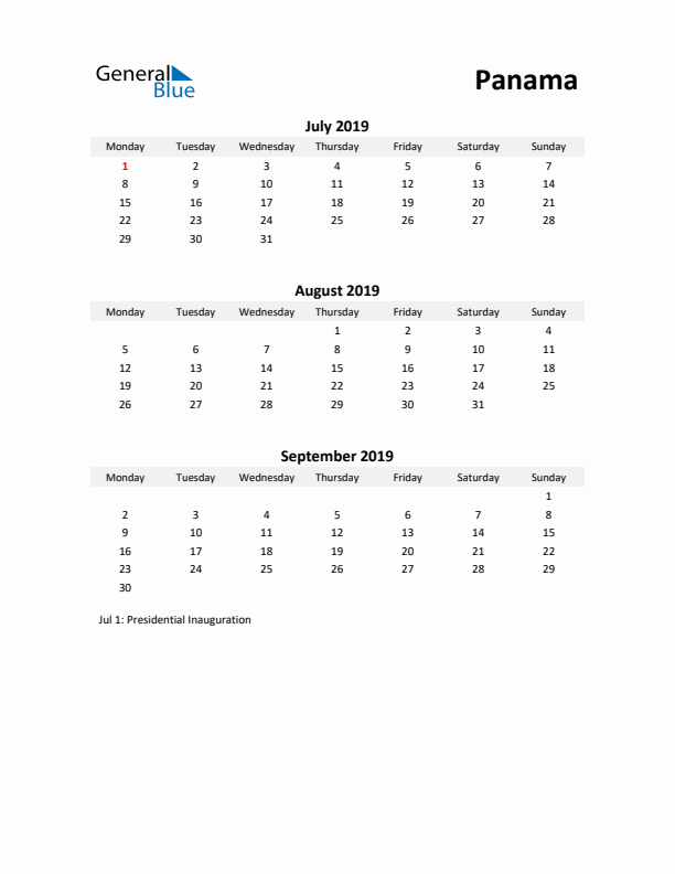 Printable Quarterly Calendar with Notes and Panama Holidays- Q3 of 2019