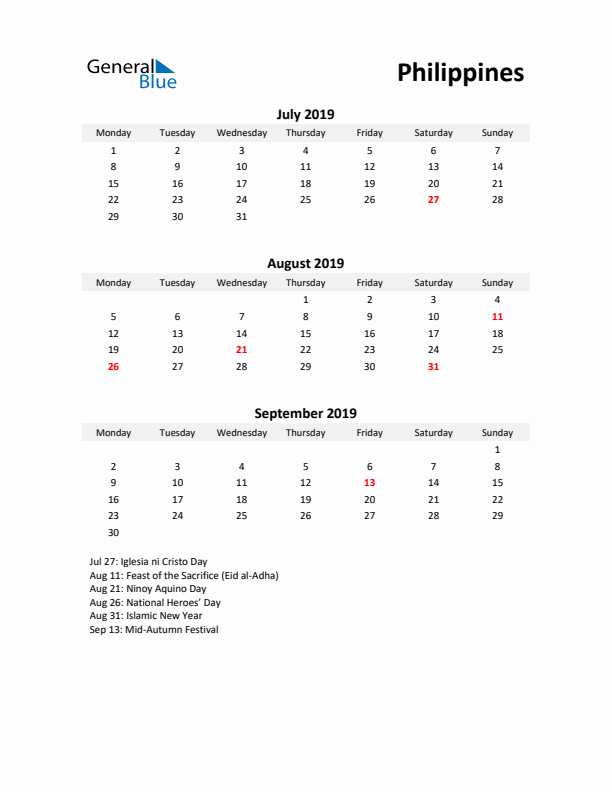 Printable Quarterly Calendar with Notes and Philippines Holidays- Q3 of 2019