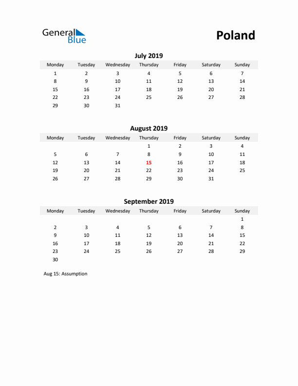 Printable Quarterly Calendar with Notes and Poland Holidays- Q3 of 2019