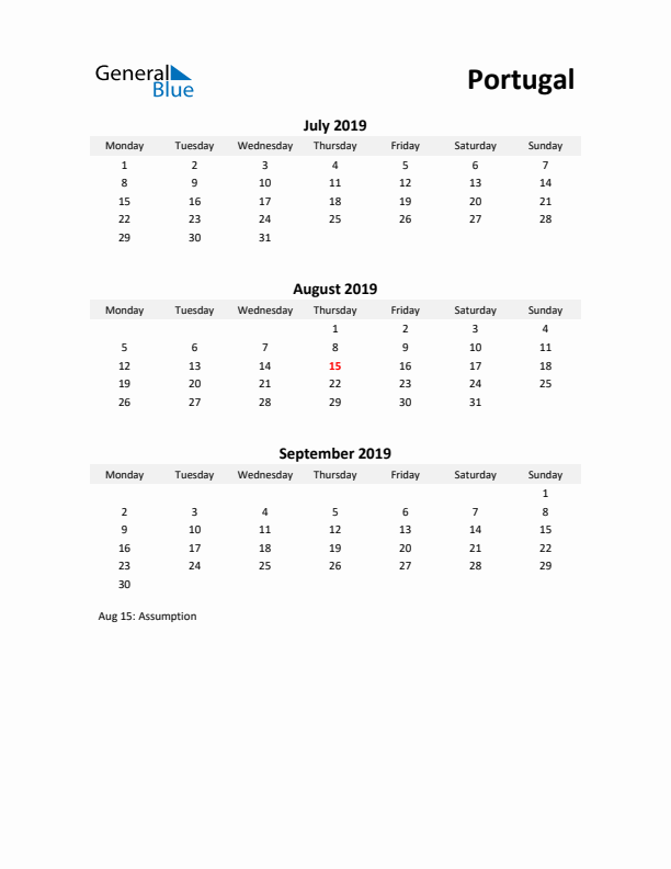 Printable Quarterly Calendar with Notes and Portugal Holidays- Q3 of 2019