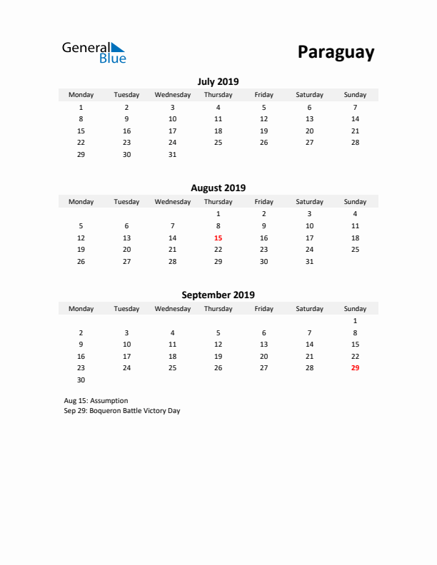 Printable Quarterly Calendar with Notes and Paraguay Holidays- Q3 of 2019