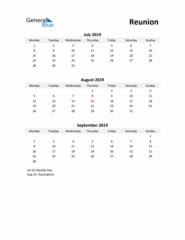 Printable Quarterly Calendar with Notes and Reunion Holidays- Q3 of 2019