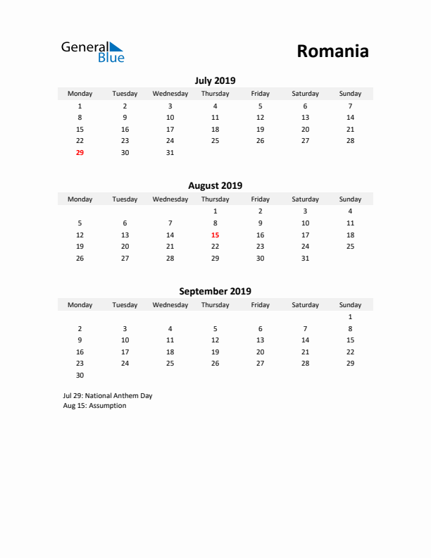 Printable Quarterly Calendar with Notes and Romania Holidays- Q3 of 2019