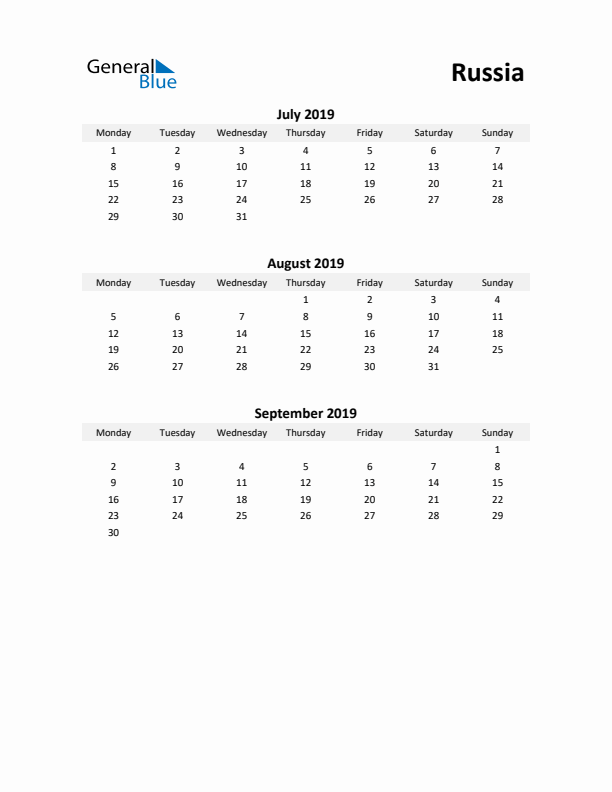 Printable Quarterly Calendar with Notes and Russia Holidays- Q3 of 2019