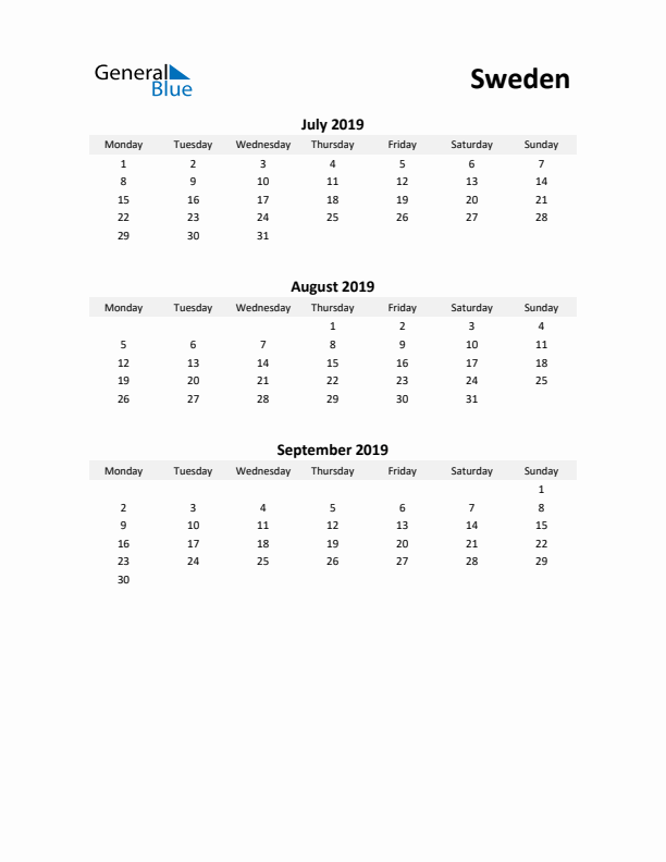 Printable Quarterly Calendar with Notes and Sweden Holidays- Q3 of 2019