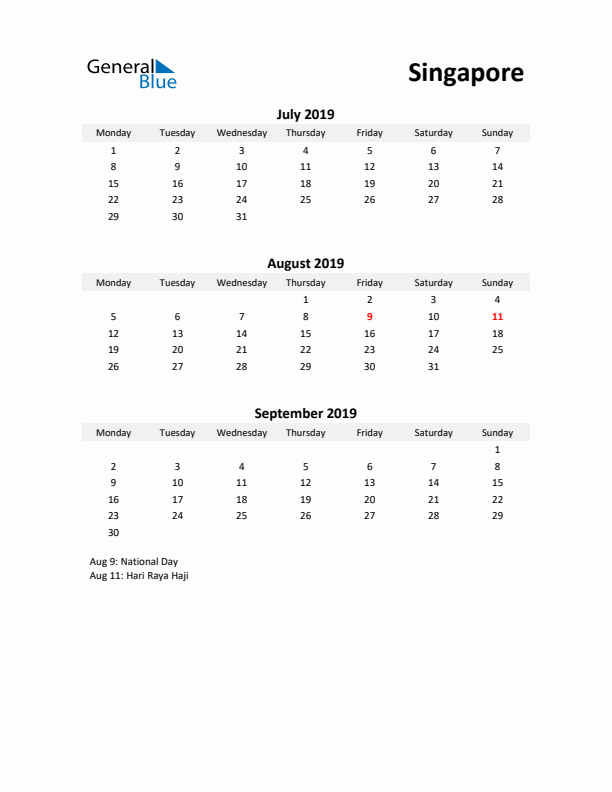 Printable Quarterly Calendar with Notes and Singapore Holidays- Q3 of 2019