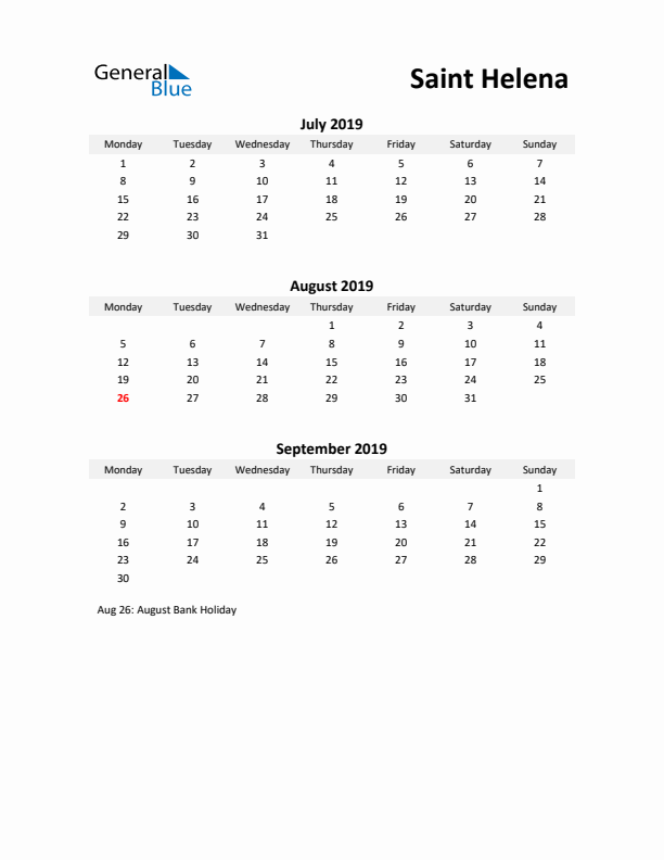 Printable Quarterly Calendar with Notes and Saint Helena Holidays- Q3 of 2019