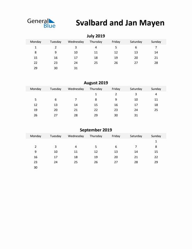 Printable Quarterly Calendar with Notes and Svalbard and Jan Mayen Holidays- Q3 of 2019