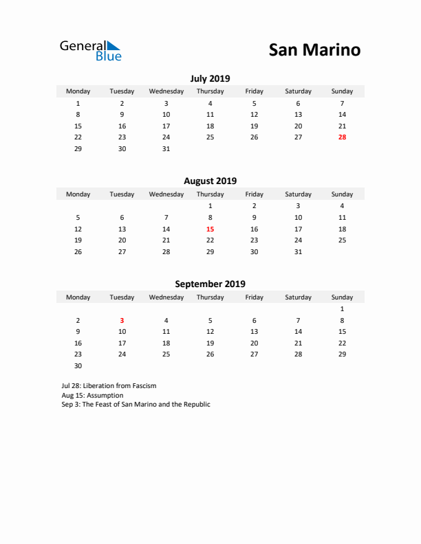 Printable Quarterly Calendar with Notes and San Marino Holidays- Q3 of 2019