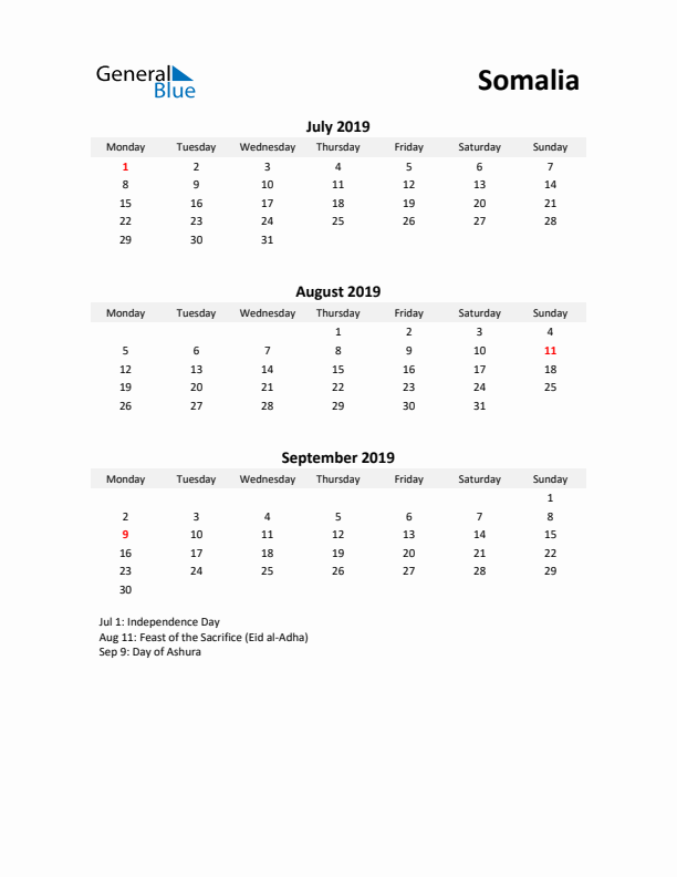 Printable Quarterly Calendar with Notes and Somalia Holidays- Q3 of 2019